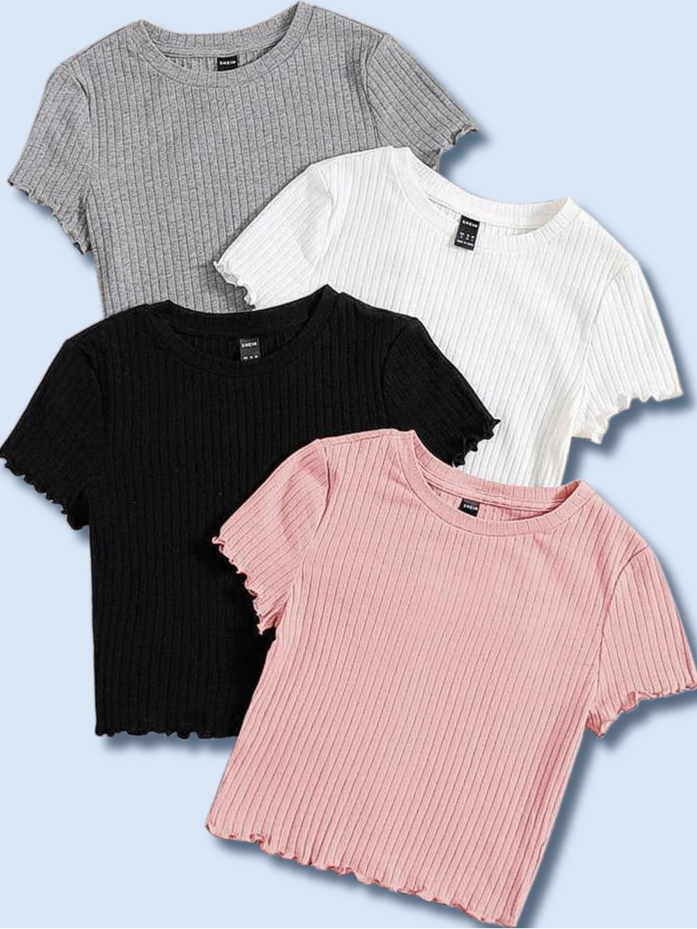 4Pcs Rib Knit Lettuce Trim Crew Neck Baby Tees XS- Pink Black White Gray Casual